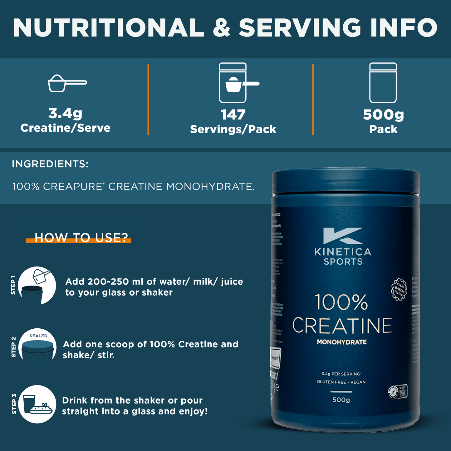 100% Creatine Monohydrate Powder - Unflavoured 500g - Kinetica Sports UK