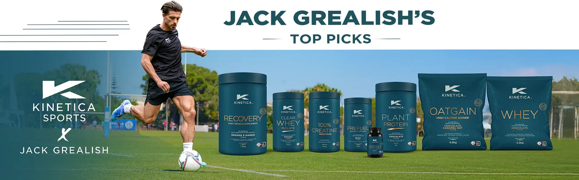 Jack Grealish's top picks featuring Kinetica Sports products on a sports field.