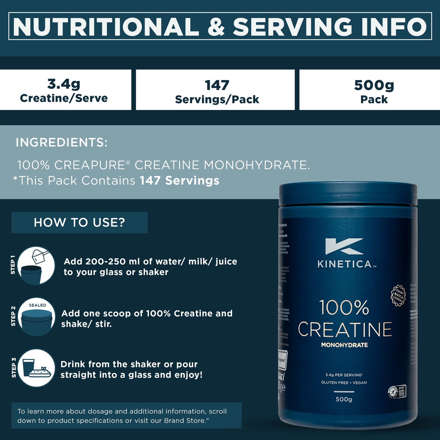 100% Creatine Monohydrate Powder - Unflavoured 500g - Kinetica Sports UK