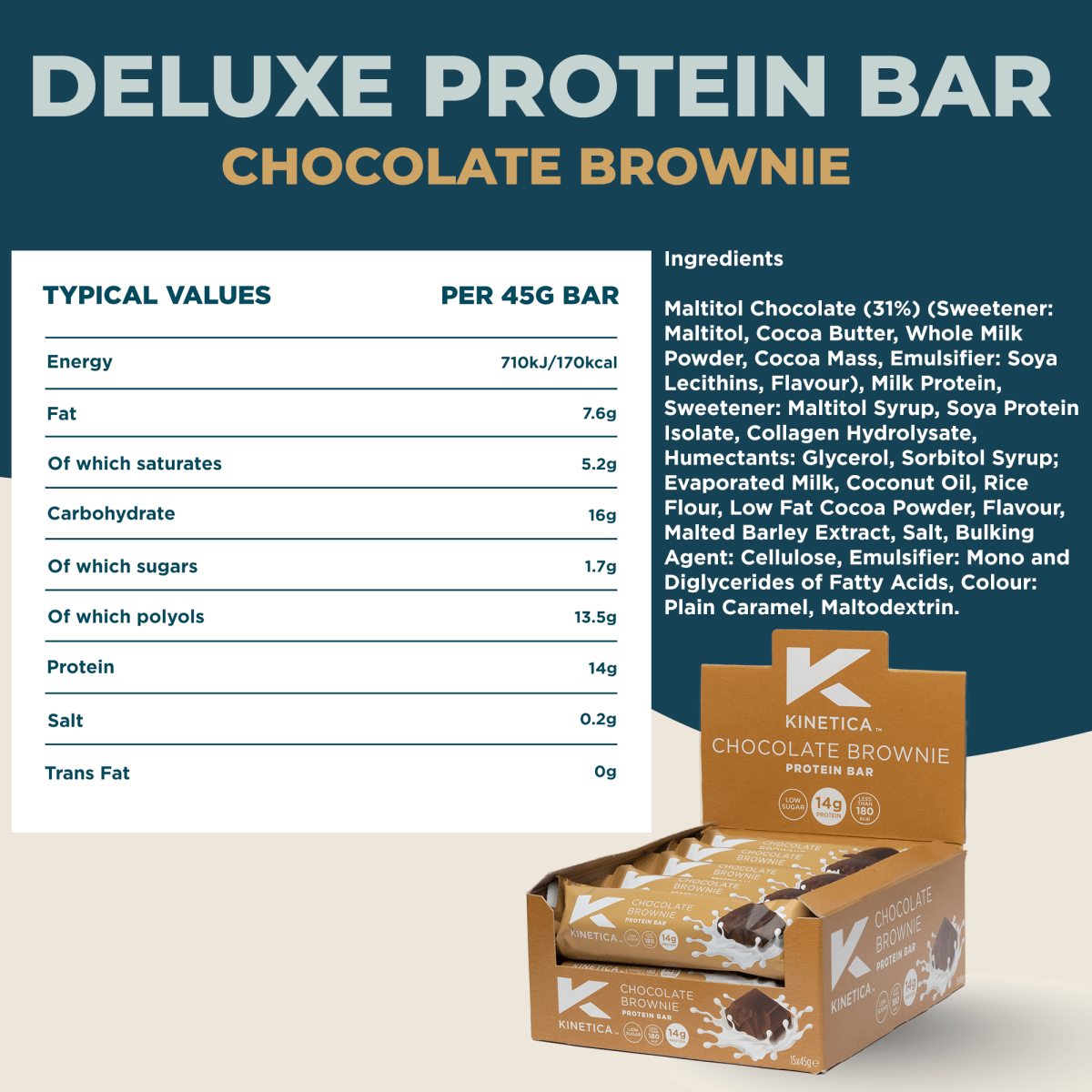 Deluxe Protein Bar Chocolate Brownie - 15 x 45g - Kinetica Sports