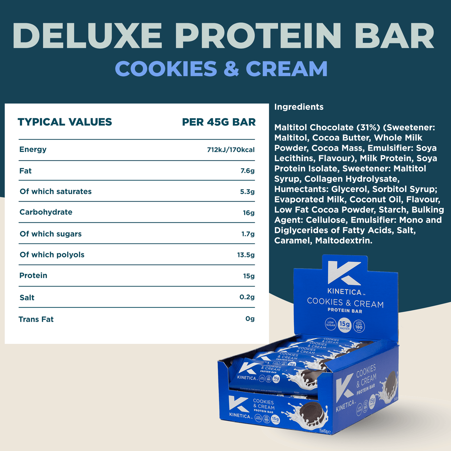 Deluxe Protein Bar Cookies and Cream - 15 x 45g - Kinetica Sports