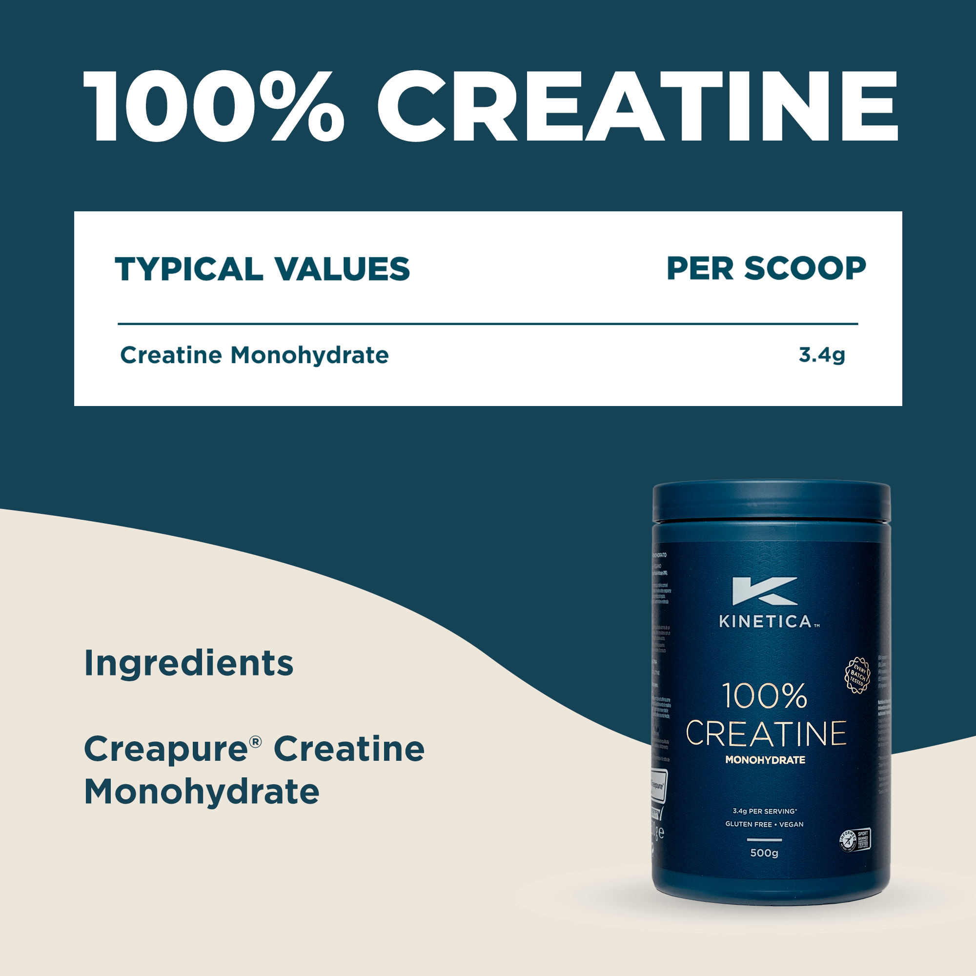 100% Creatine Monohydrate Powder - Unflavoured 500g - Kinetica Sports