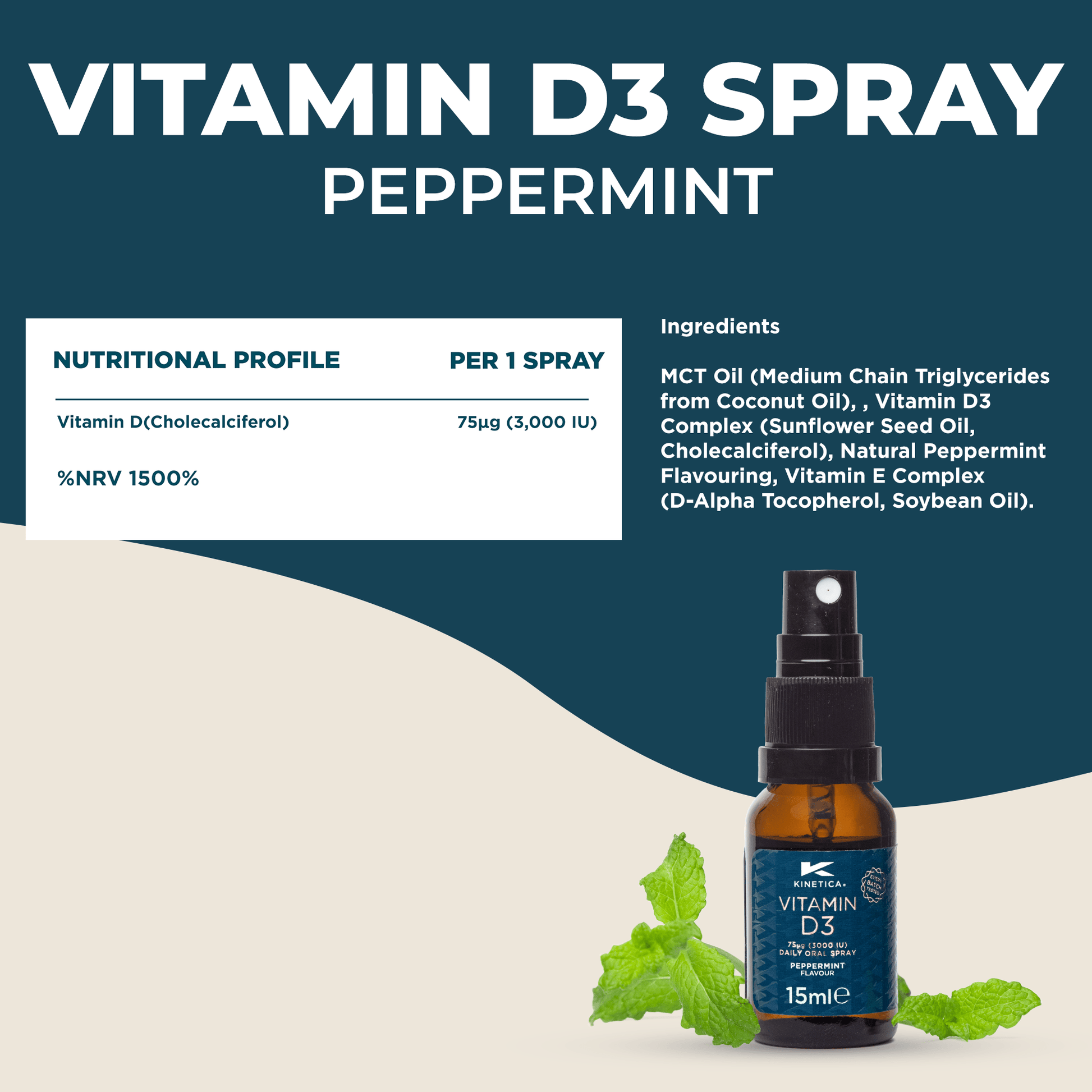Vitamin D3 Oral Spray - Peppermint Flavour 15ml - Kinetica Sports