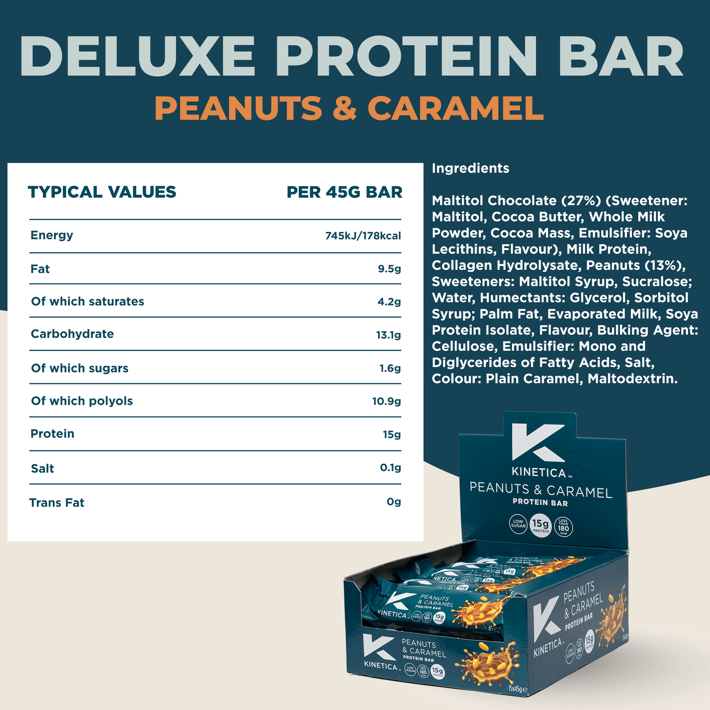 Deluxe Protein Bar Peanut Caramel - 15 x 45g - Kinetica Sports