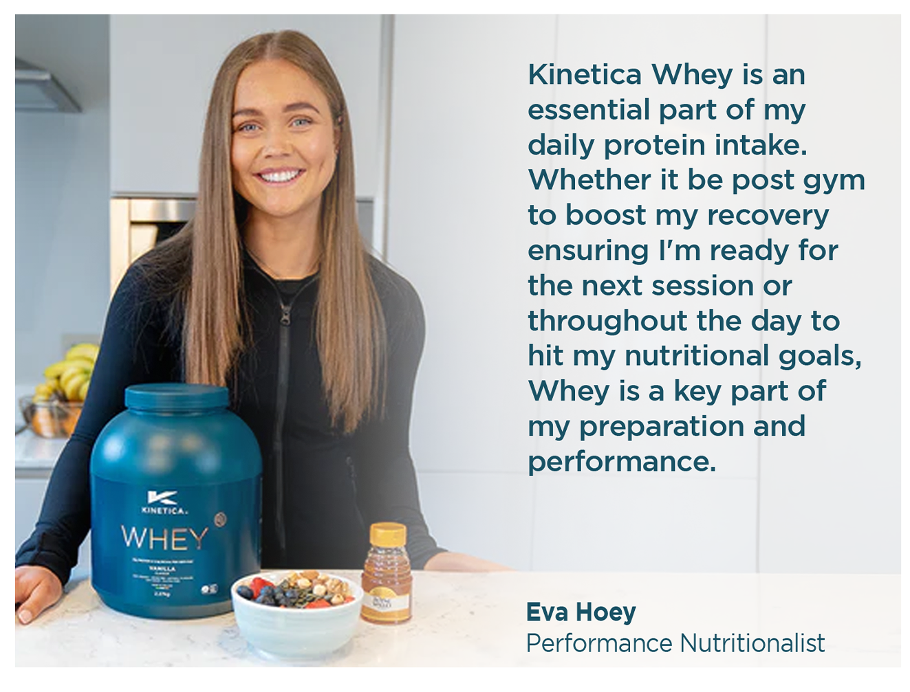 Woman standing next to a Kinetica Whey protein container with text about its importance in daily protein intake.